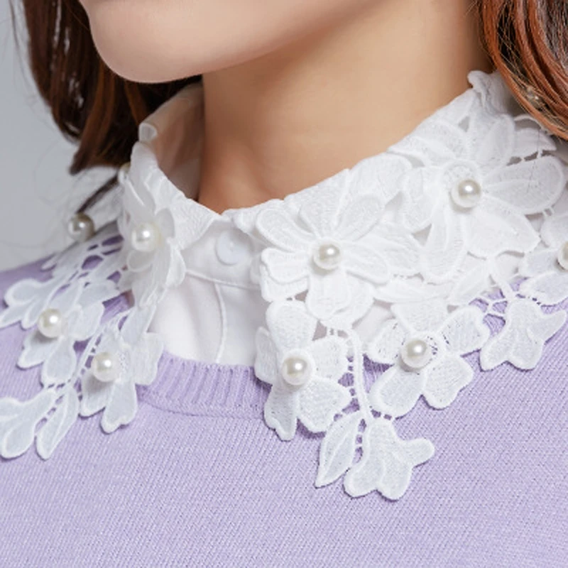 Ladies Hollow White Shirts Fake Collar All-Match Lace With Pearl Decoration Flowers Fake Collar Women Detachable Collar