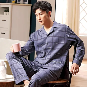

Men's stripe pajamas long sleeve cotton spring and autumn cardigan pajamas men's elegant plus size household suit men's youth