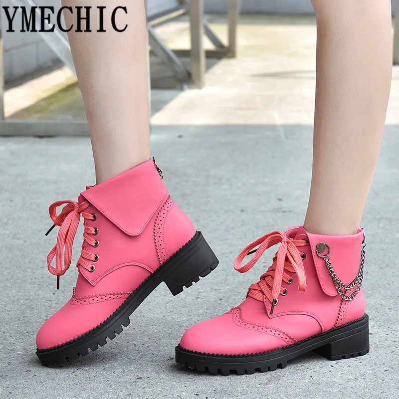 

2018 Fashion Lolita Pink Beige Medium Chunky Heels Brogue Lace Up Ankle Boots Plus Size Chains Military Combat Boots 43