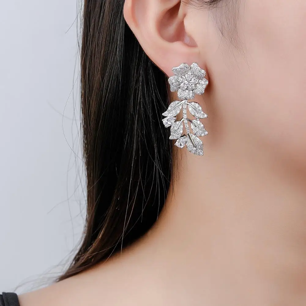 Cubic Zircon Flower Earrings for Wedding, Crystals Dangle Earring for Bride, Women Girl Gift CE11248