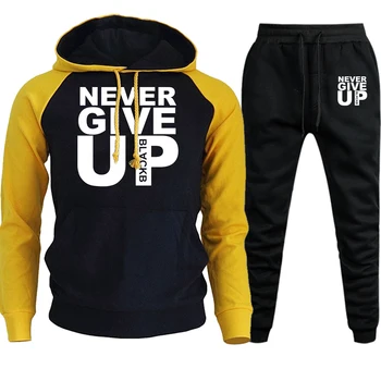 

Never Give Up Men Raglan Hoodies Fashion Sportswear 2019 Autumn Winter Casual Fleece Suit Male Funny Hooded+Pants 2 Piece Set