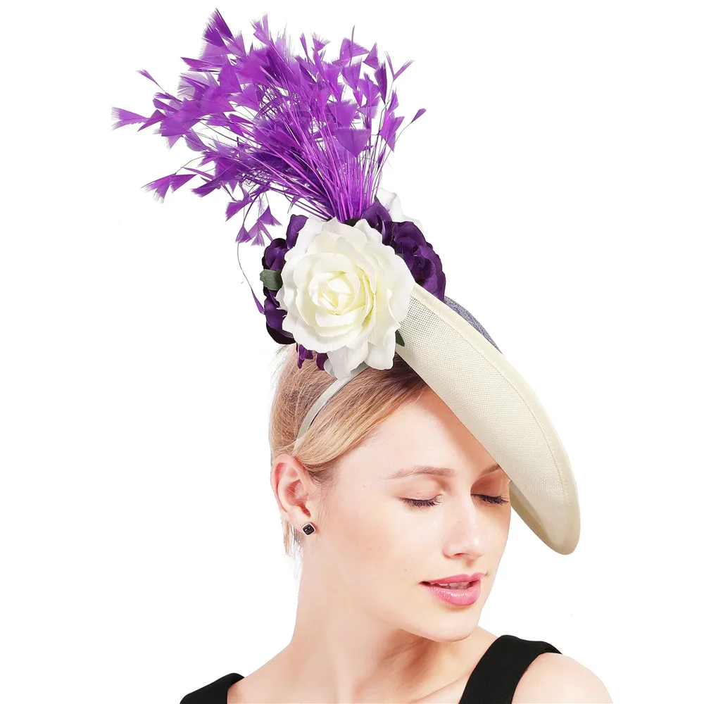 Великолепные дамы формальные свадебные ужин платье шляпы красивые millinery Гонки шляпы для женщин Лаванда женский лук очарование шляпа девушки