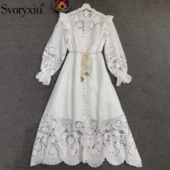 

Svoryxiu Runway Designer Autumn Women Vintage Midi Dress Runway Designer Ladies Belt Hollow Out Embroidery White Dresses