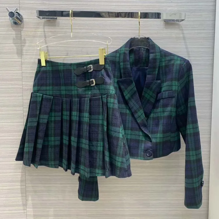 

fashion casual suits women blazer coat + pleated skirt female plaid short jacket skirt suits 2 piece sets tclai