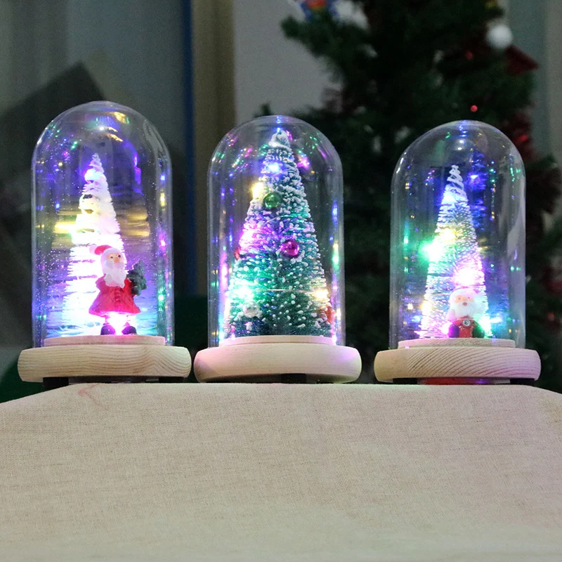 

DIY Christmas Tree In Glass Dome on a Wooden Base for Valentine's Gifts LED Lamps Christmas Festive Ornaments New Year Souvenir