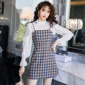 

Autumn New Style 2 Piece Set Women Full Sleeve Ruffles Blouse Shirt And Slim Plaid Pattern Dress Two Piece Set Women Suit SL308
