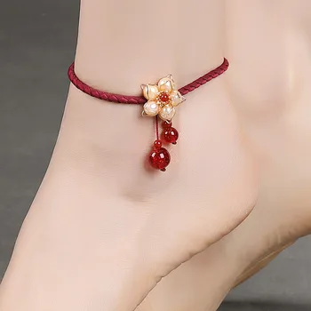 

Romantic Anklets For Women Cute Style Pearl Flower Red Rope Thread Chain Anklets Female Accessories Birthday Gift Jewelry