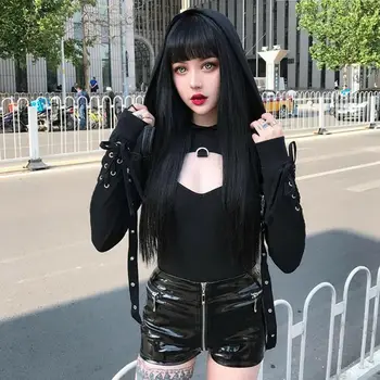 

Brand New Women's Gothic Punk Costumes Hooded Sweatshirt Ladies Sexy Bandage Long Sleeve Crop Top Solid Black Short Hoodie