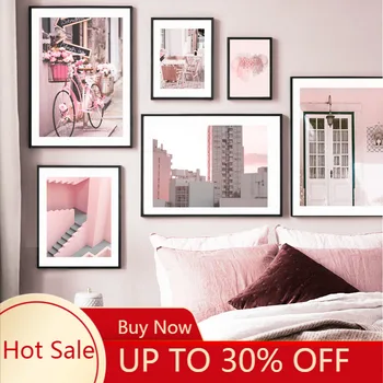 

Canvas Painting Pink City Flower Bike Coffee Shop Girl Room Nordic Posters and Prints Wall Art Wall Pictures Room Decor