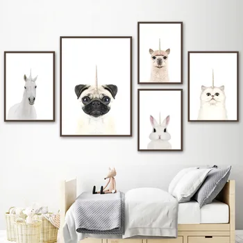 

Cartoon Unicorn Horse Dog Cat Rabbit Alpaca Nordic Posters And Prints Wall Art Canvas Painting Wall Pictures Kids Room Decor