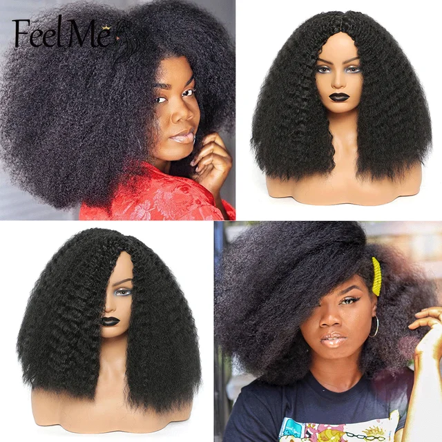 FEEL ME Yaki Straight Short Afro Wig Synthetic Wigs for Black Women African Fluffy Kinky Curly Hair Natura Color Cosplay 3