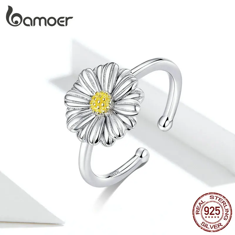 Bamoer, серебро 925, ювелирное изделие с ромашками, эмалированное, с цветком, открытые Регулируемые кольца на палец для женщин, Стерлинговое Серебро, хорошее ювелирное изделие SCR616