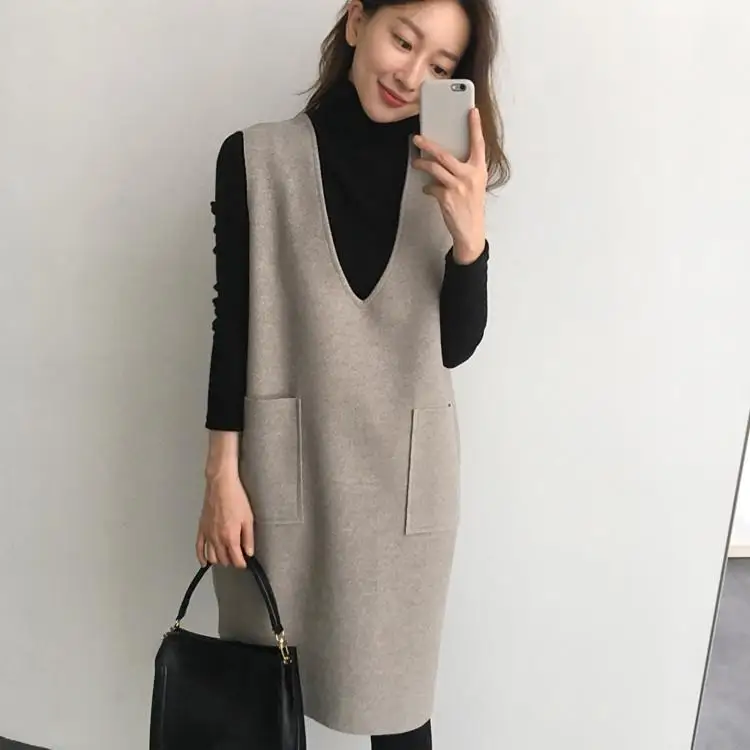 Plus Size Pockets Loose Elegant Two Piece Sets Autumn Turtleneck Black Tops And Sleeveless Dress Women's Suits
