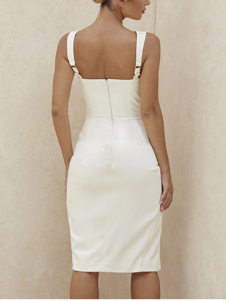 NewAsia White Party Dress Women Summer Sleeveless Underwire Sweetheart Neckline Sexy Dress Side Split Ruched Midi Vestidos