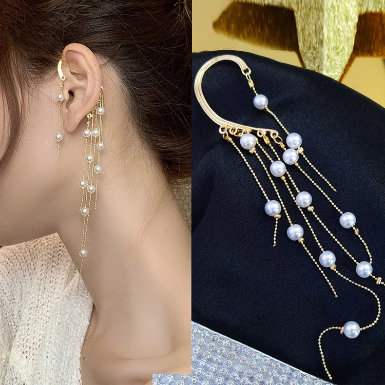 2022 New Elegant Bow Earrings Rhinestone Pearl Ear Bone Clip Without Ear Hole Sweet for Women Ear Cuff Jewellery