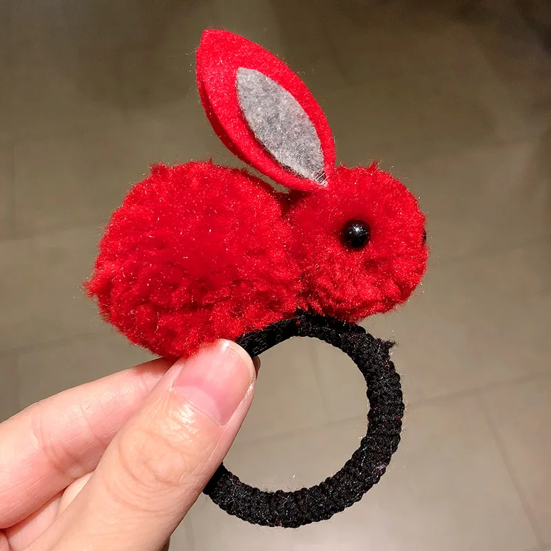 Cute Colorful Plush Rabbit Headband For Girls Sweet Hair Clip Elastic Hair Band Hairpin Ponytail Holder Fashion Hair Accessories - Цвет: red rubber band