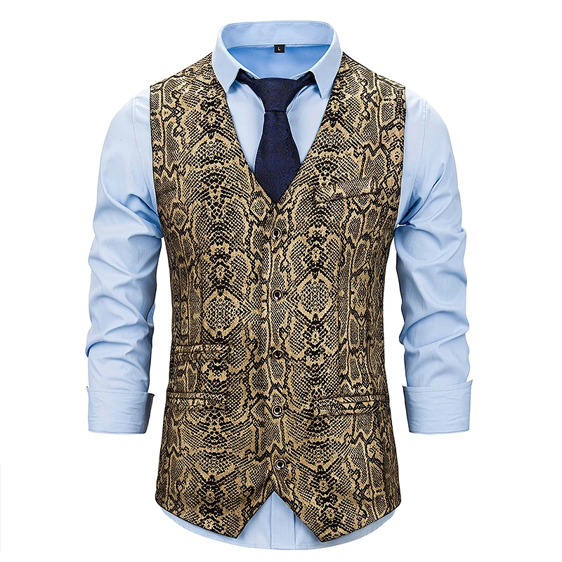 

HEFLASHOR Autumn Male Gold Steampunk Slim Fit Single Breated Wedding Sleeveless Slim Fit Vests For Men Single Buttons Waistcoat