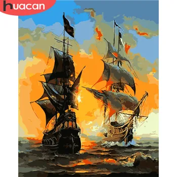 

HUACAN Coloring By Number Sailboat Landscape HandPainted Kits Drawing Canvas Pictures Oil Painting Sea Home Decoration