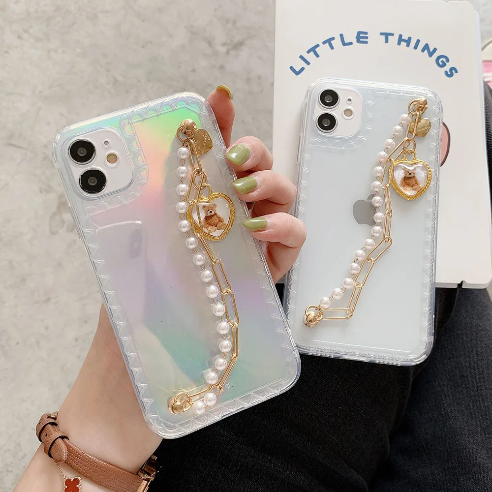 Laser Wrist Chain Case for iPhone 11Pro Max 7 8 Plus XR XS Max Clear Cases Cute Love Heart Bear Chain Hanging Case for iPhone 11 Laser Wrist Chain Case for iPhone 11Pro Max 7 8 Plus XR XS Max Clear Cases Cute Love Heart Bear Chain Hanging Case for iPhone 11