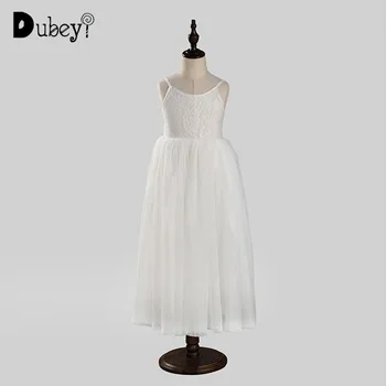 

New Spring Summer Girls Full Lace One Piece Long Dress for Wedding Kids Princess White Lace Sling Dress Beach Straight Sundress