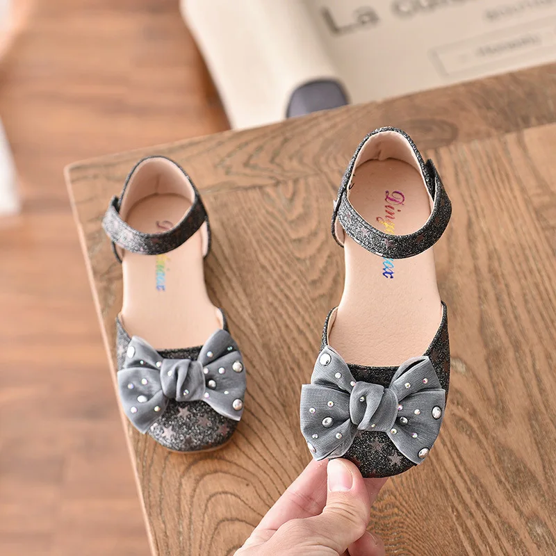 ULKNN Toddler Leather Sandals Bow-knot Rivets Shoes For Girls Princess Party Shoe For Dress Baby Infant Footwear Silver