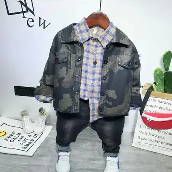

Long Sleeve Set Children Spring and Autumn Clothing Set Camouflage Shirt Jacket + Plaid Shirt + Jeans 3PCS Boys Clothing