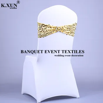 

Hot Sale Spandex Sequin Chair Band Sash Elastic Stretch Glitter Chair Cover Bow Ties Hotel Party Wedding Decoration