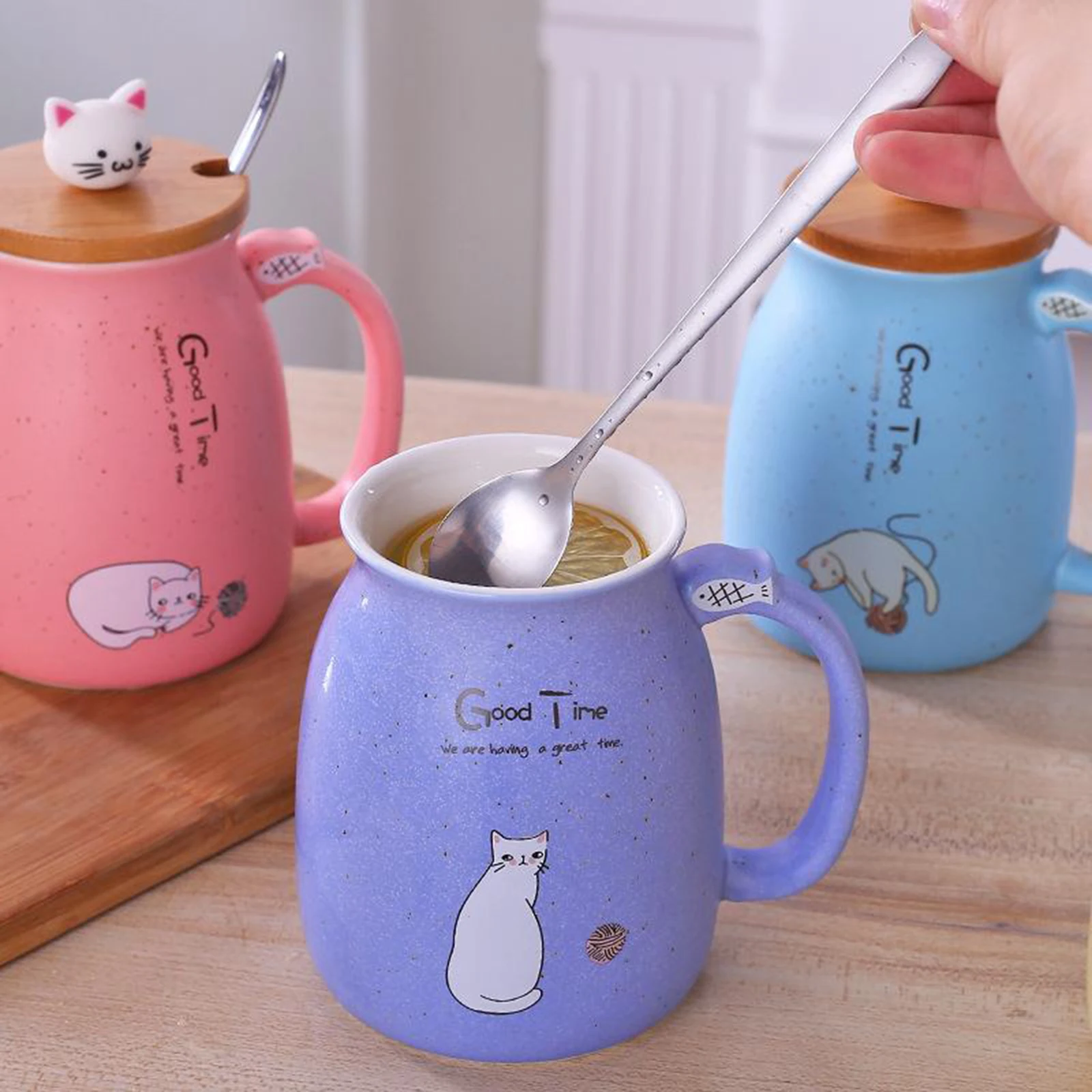 Cute Cat Ceramic Cup Hot Cold Tea Cup Milk Coffee Mug with Spoon Lid Pink
