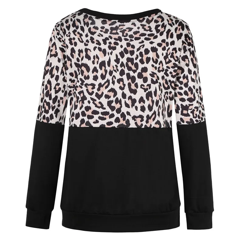 Повседневный лоскутный пуловер с круглым вырезом, леопардовая футболка, Весенняя футболка с длинным рукавом, Женская хлопковая футболка, модные женские осенние Топы размера плюс