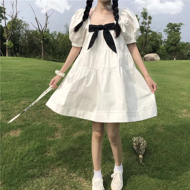 Sweet Kawaii Black Tie Women Dress Soft Girly White Dress 2020 Summer Fashion Bow Square Collar Puff Sleeve Dress Femme Vestidos