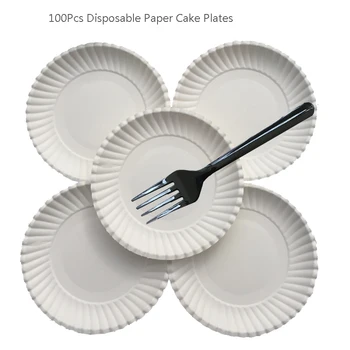 

100Pcs Disposable Paper Plate with Forks Cake Cake Partition Round Cup Sugar Cane Dessert Plates Birthday Party Decorating Tools