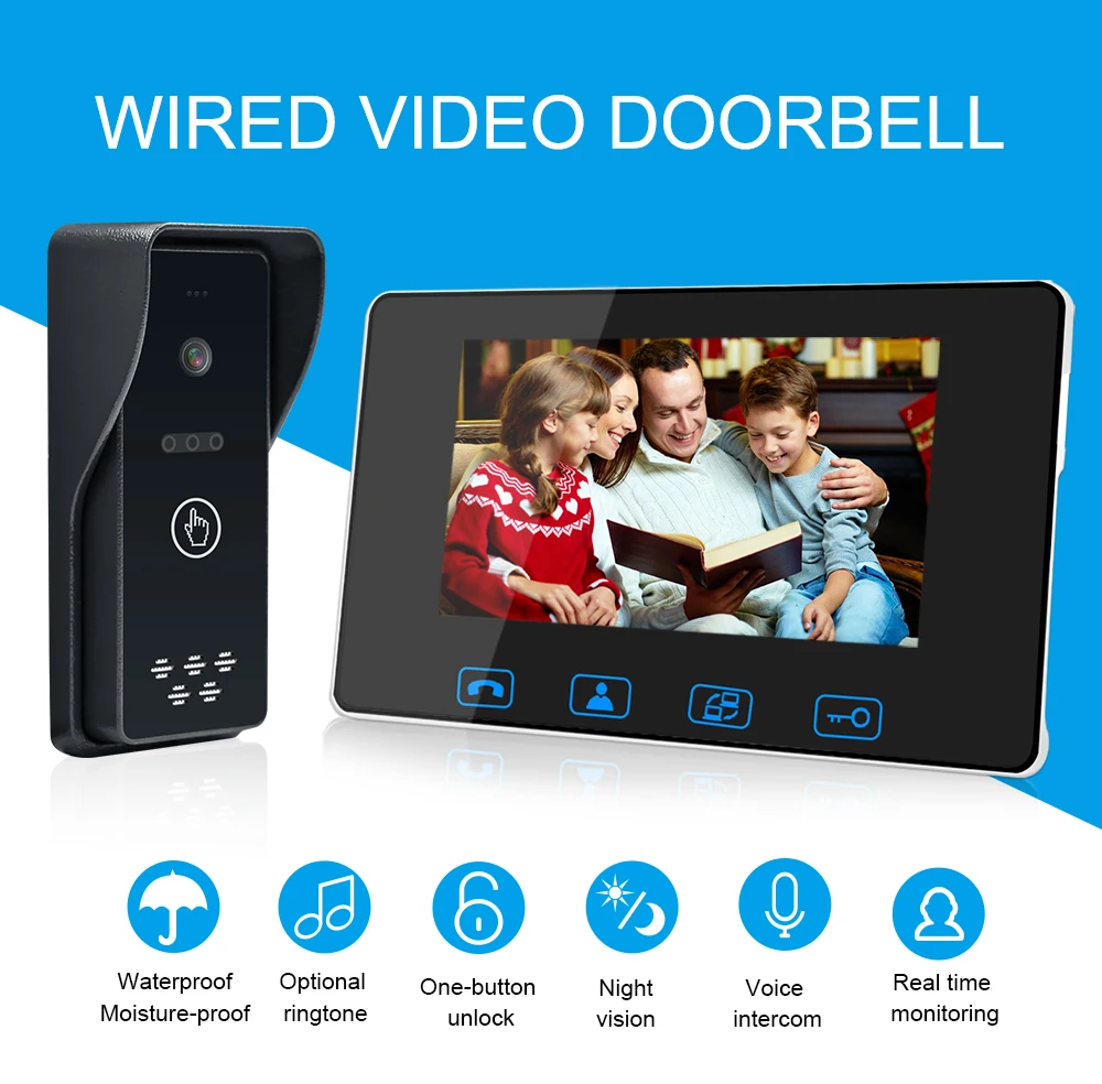 

Wired Video Door Phone 7"Color LCD With Waterproof Digital Doorbell Camera Viewer IR Night Vision Intercom System