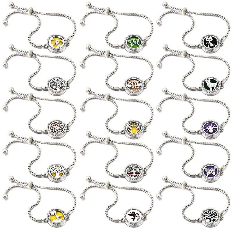 

2019 New Tree Of Life Zircon Bangle Stainless Steel Essential Oil Diffusing Perfume Locket Adjustable Cross Chain Aroma Bracelet