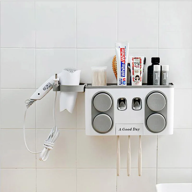 

Automatic Toothpaste Dispenser 5 pcs Toothbrush Holder 4 Cups Storage Shelf Bathroom Wall Mounted Hair Dryer Organizer Rack