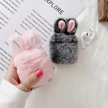 

For airpods1/2 rabibt ear Fuzzy Earphone Case Soft Silicone Cover for airpods 2 Wireless Bluetooth Plush Protective Accessories
