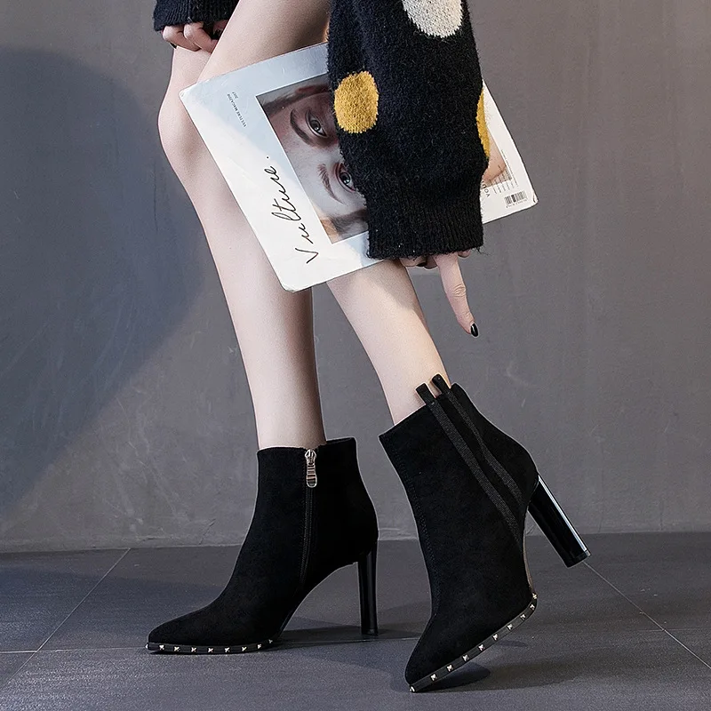 

2019 New Style Autumn And Winter Korean-style Short Boots Women's Pointed Toe Chunky Heel Thin High Heel Boots Comfortable Onlin