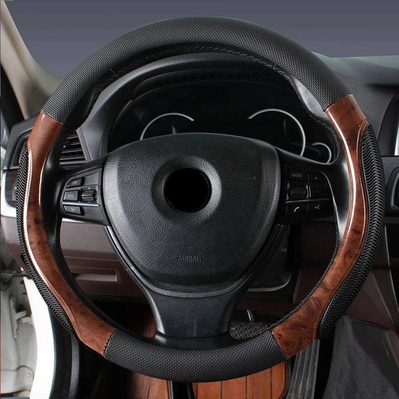 Pu Leather Car Steering Wheel Cover Men Wood Grain Universal Auto Steering Wheel Protector 38cm