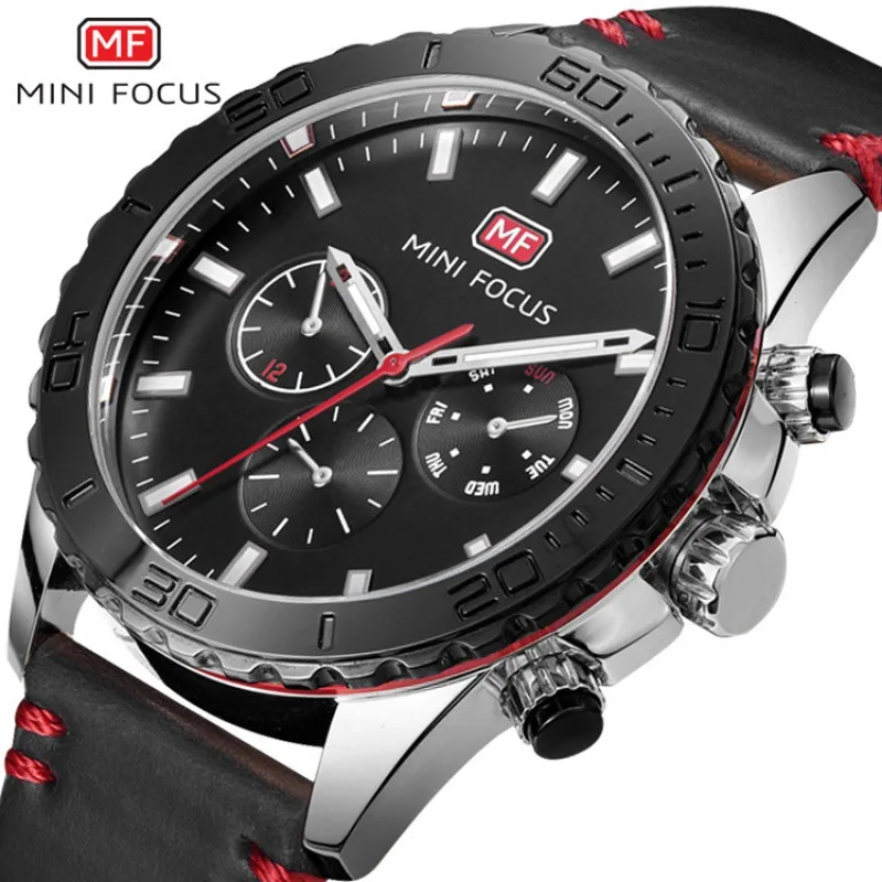 

Mini FOCUS MEN'S Table Japan Movement Fake Three-Eyed Night Light Waterproof Leather Watch Strap Hot Selling 0007G