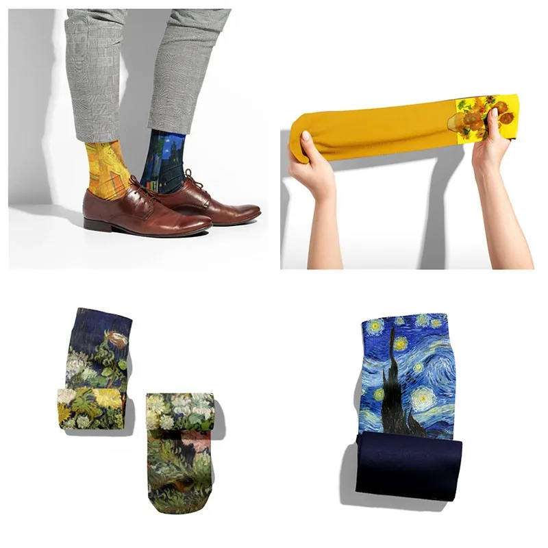 Mona Lisa Retro Printed Art Socks For Unisex Fashion Funny Famous Painting Long Socks Van Gogh Starry Night Women Cotton Socks