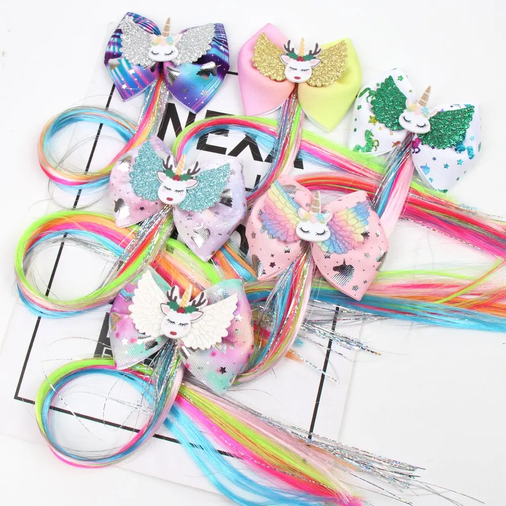 

Hair Clip for Girls Handmade Hair Bows with Unicorn Glittler Wings Hairpins Kids Colorful Long Pigtails Hair Accessories