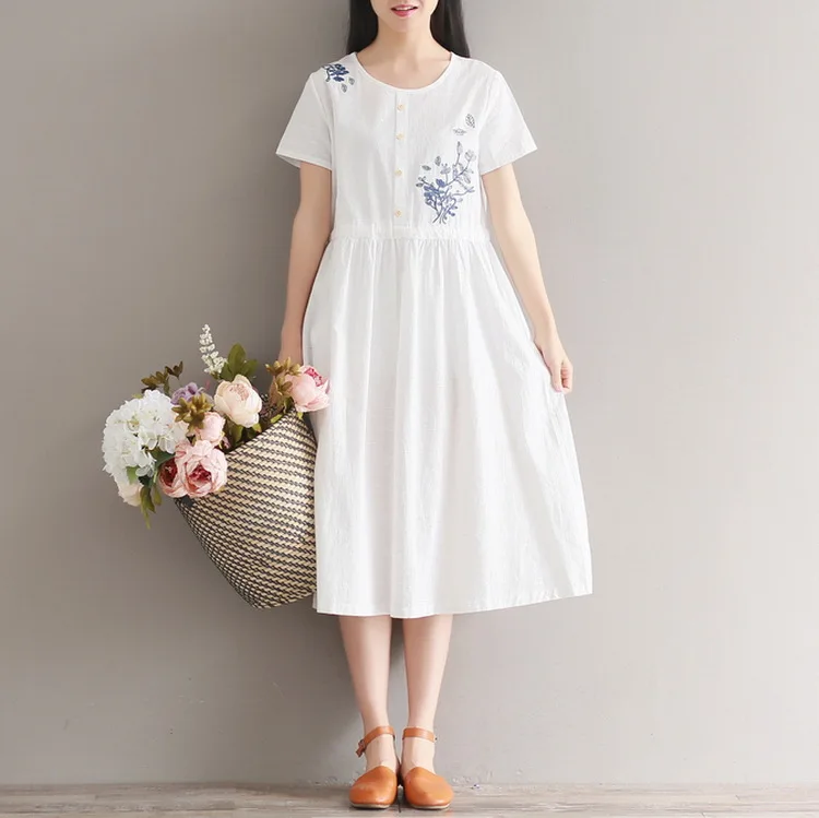 

2019 Summer New Style Mori Girl Embroidery Crew Neck Short Sleeve Mid-length Lace-up Cotton Linen Short-sleeve Dress Women's