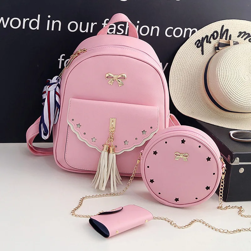 

New Style Backpack WOMEN'S Bag Fashion Tassels Backpack Three-piece Set Hollow out Different Size Bags
