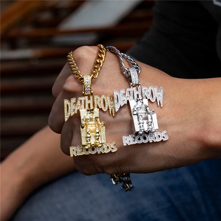 

Hip Hop AAA Cubic Zirconia Bling Ice Out DEATHROW Death Row Records Pendants Necklaces for Men Rapper Jewelry Gold Silver