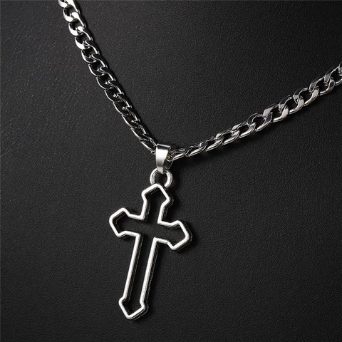 Gothic Hollow Cross Pendant Necklace Silver Color Cool Street Style Punk Necklace For  Women and Men Fashion Jewelry