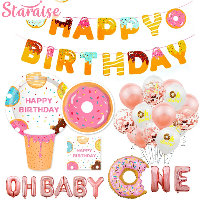 

Staraise Doughnut Balloon Banner Paper Tableware Happy Birthday Donut Plate Cup Napkin Baby Shower Candy Party Donut Party Decor