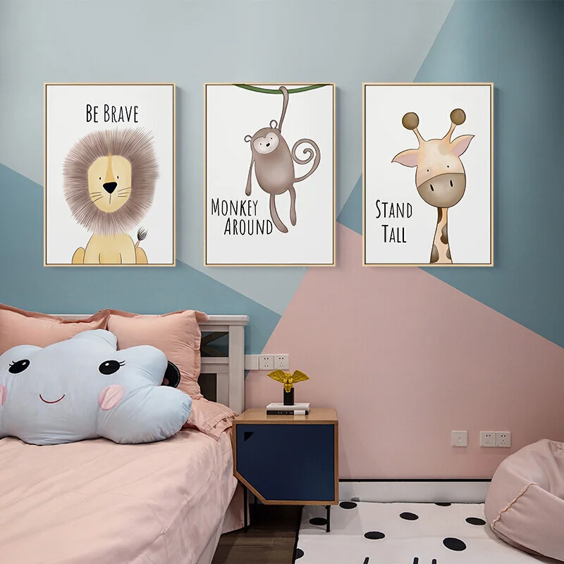 Cute-Cartoon-Animal-Dinosaur-Pictures-Be-Brave-Be-Strong-Letters-Kid-s-Room-Kindergarten-Canvas-Painting
