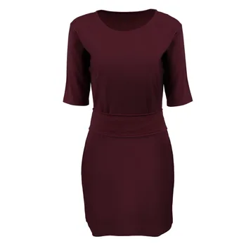

5378 # Autumn Clothing Retro Crew Neck Half-sleeve Shirt Waist Hugging Solid Color Dress Women's 2020 New