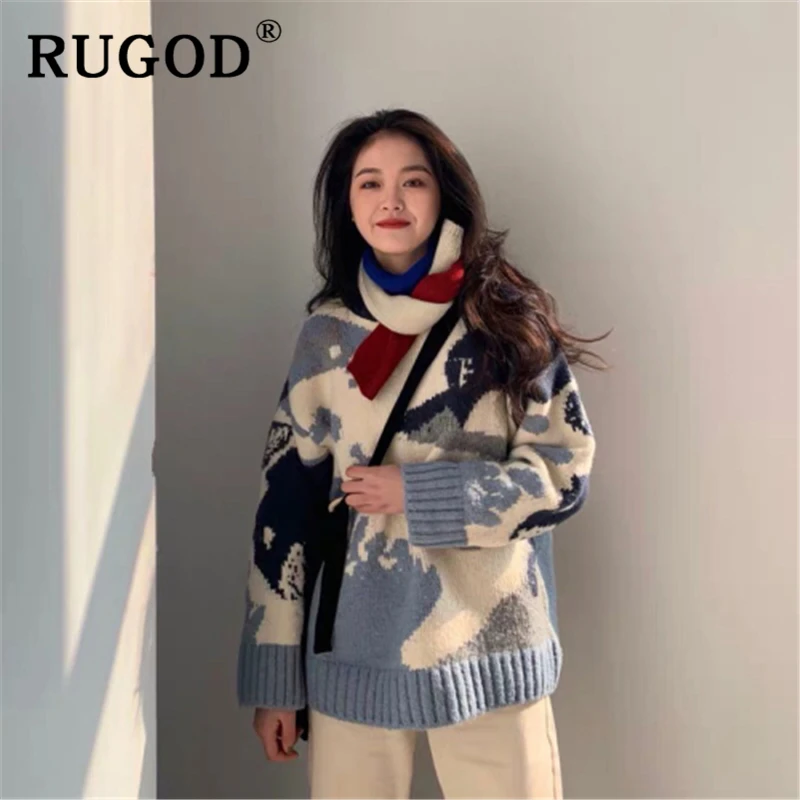 RUGOD элегантный женский свитер с принтом модный круглый вырез длинный рукав