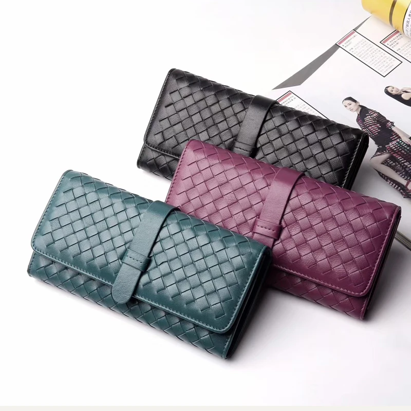 Cartera de marca de lujo para mujer, cartera de mano tejida larga, estilo Flip-Style, gran volumen, 100%, cuero de oveja, almacenamiento de dinero, Clips Spot, novedad de 2021