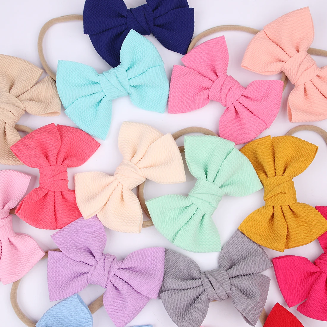 XIMA 20pcs/lot 4.5''Waffle Fabric Hair Bow with Nylon Headband For Girls Soft Solid Elastic Hairband Kids DIY Hair Accessories